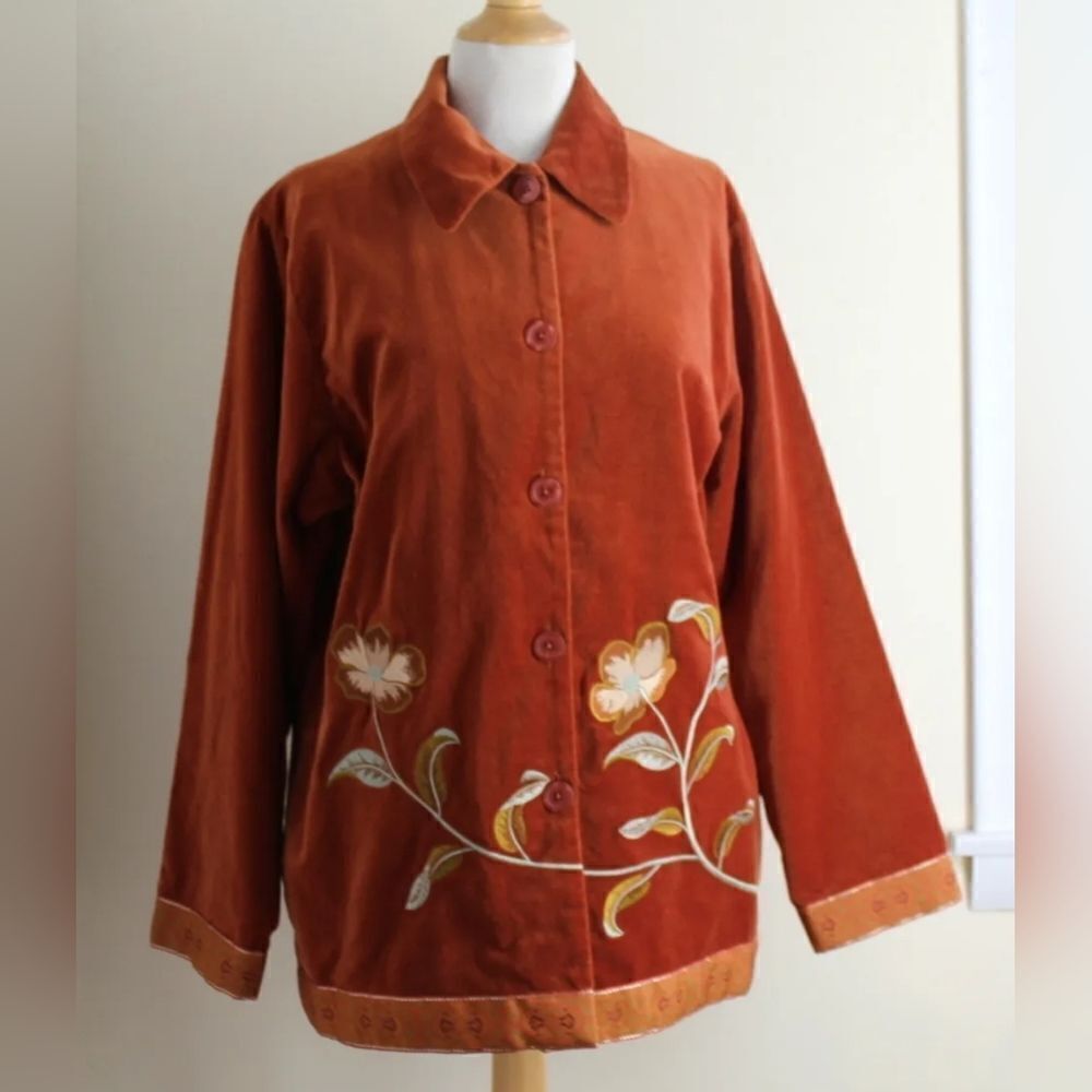 Jessica Holbrook M  Art-to-Wear Velveteen Copper Floral Jacket Boho Lagenlook